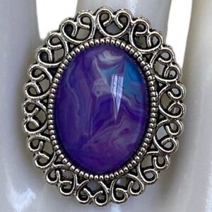 Hand Crafted Ring Abstract Glass Cabochon Adjustable Purple Blue